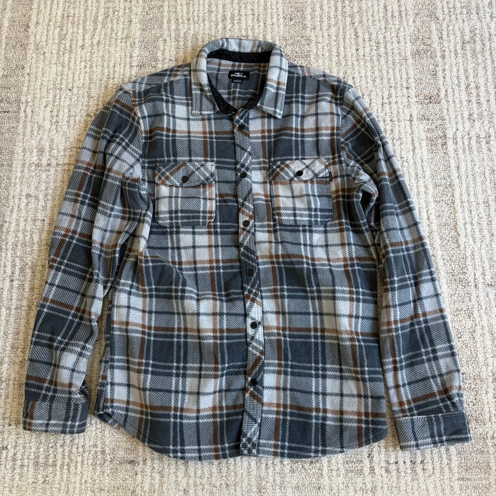 O'Neill Superfleece Plaid Shirt Jacket Mens Large Grey Brown Snap Front Flannel